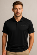 Man wearing a black polo shirt with a logo on a beige background