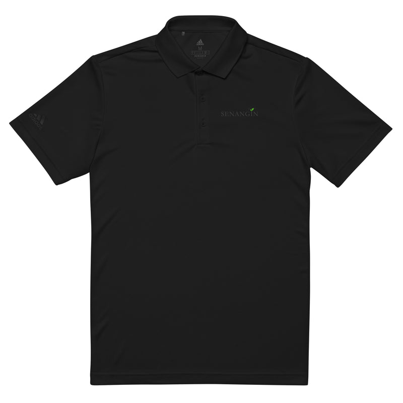 An Adidas Premium Polo Shirt in black color with a three-button placket and brand logo on the chest.
